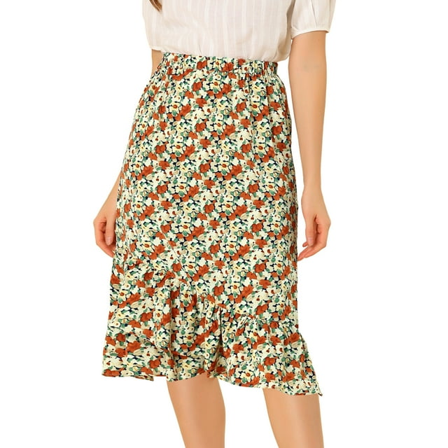 Falda vintage Allegra K con volantes en la cintura elástica de otoño floral Naranja azul M