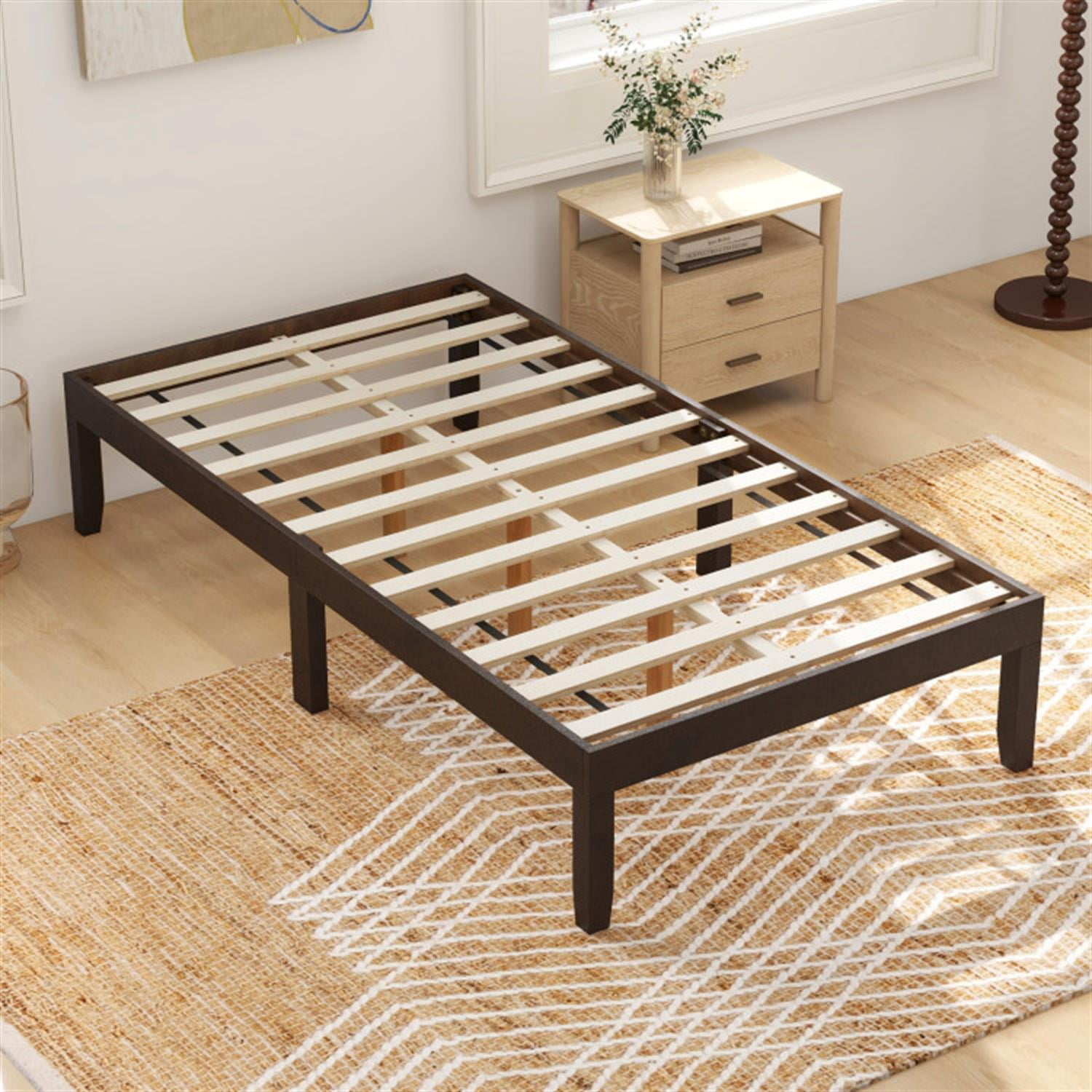 Demi Bonn Twin Size Bed Frame with Wooden Slats Support and Rubber Wood Legs, Acacia Wood Platform Bed Frame with Under Bed Storage, No Box Spring Needed, Brown