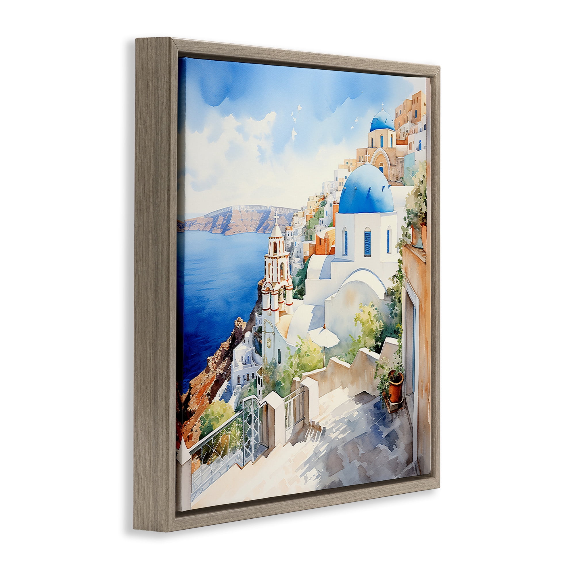 Stupell Industries Santorini City Landscape Travel & Places Painting Brown Floater Framed Canvas Art Print Wall Art, 25 x 25