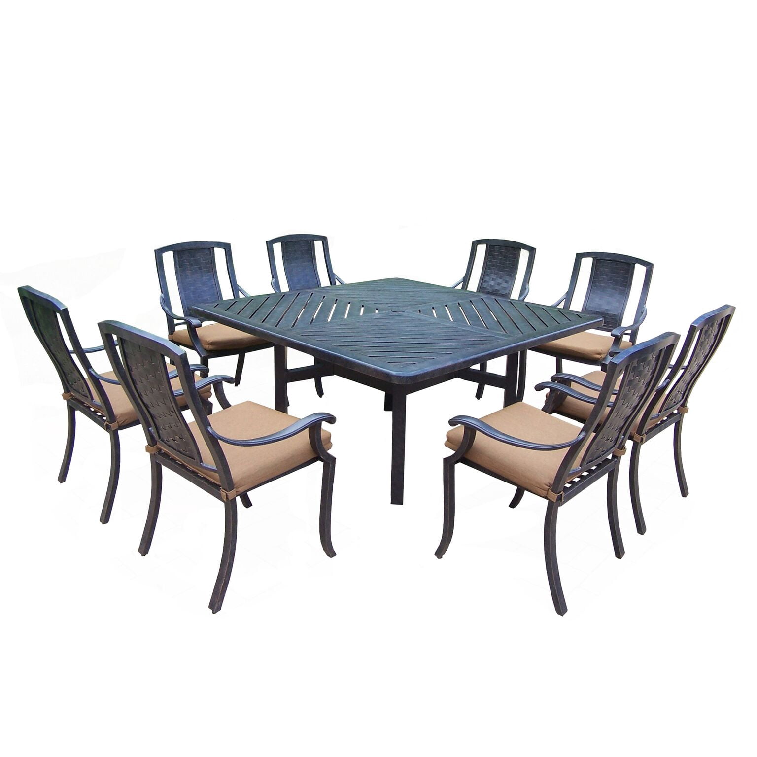 9 Piece Black Aluminum Patio Dining Set with Tan Brown Cushions 60