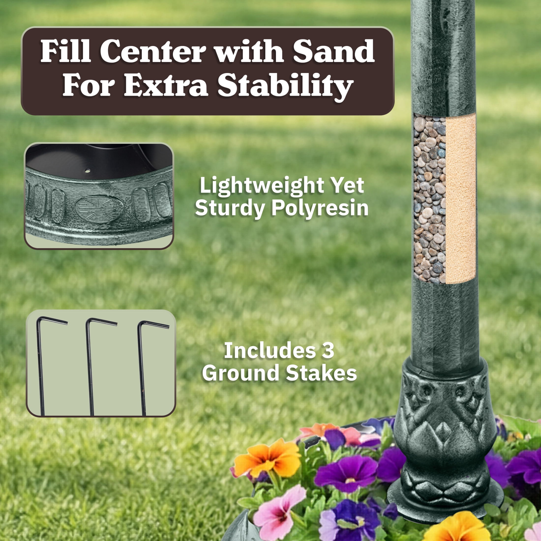 Pure Garden 28” Tall Pedestal Bird Bath for Outside with Flower Planter Base, Green Patina
