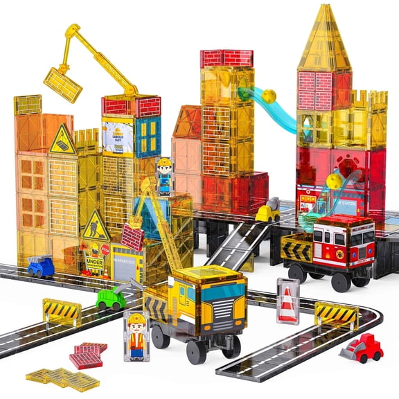 SKTMYY Magnetic Tiles Fire Station Building Set, STEM Toy with Road Tiles, Crane and Marble Run Accessories
