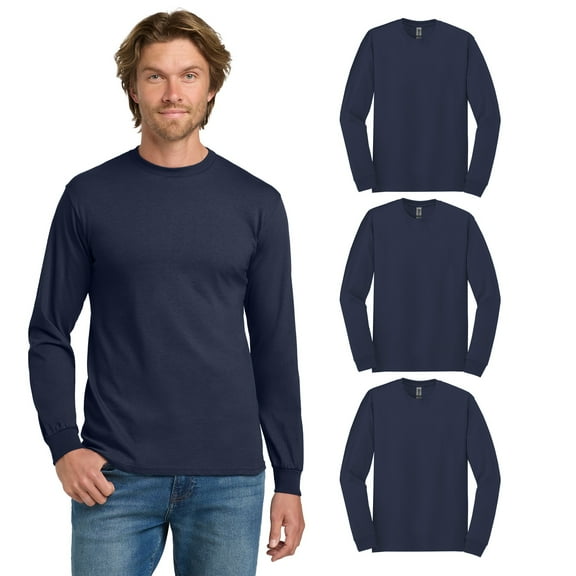 Gildan Heavy Cotton Men’s Classic Fit T-Shirt, Long Sleeve Crew Neck, Comfortable, Navy, 3-Pack, S