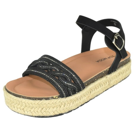 TOP MODA Shoes Women Platform Espadrille Sandals Ankle Strap Flat footbed Buckle up Bling Rhinestone ATHENS-1 Black 9