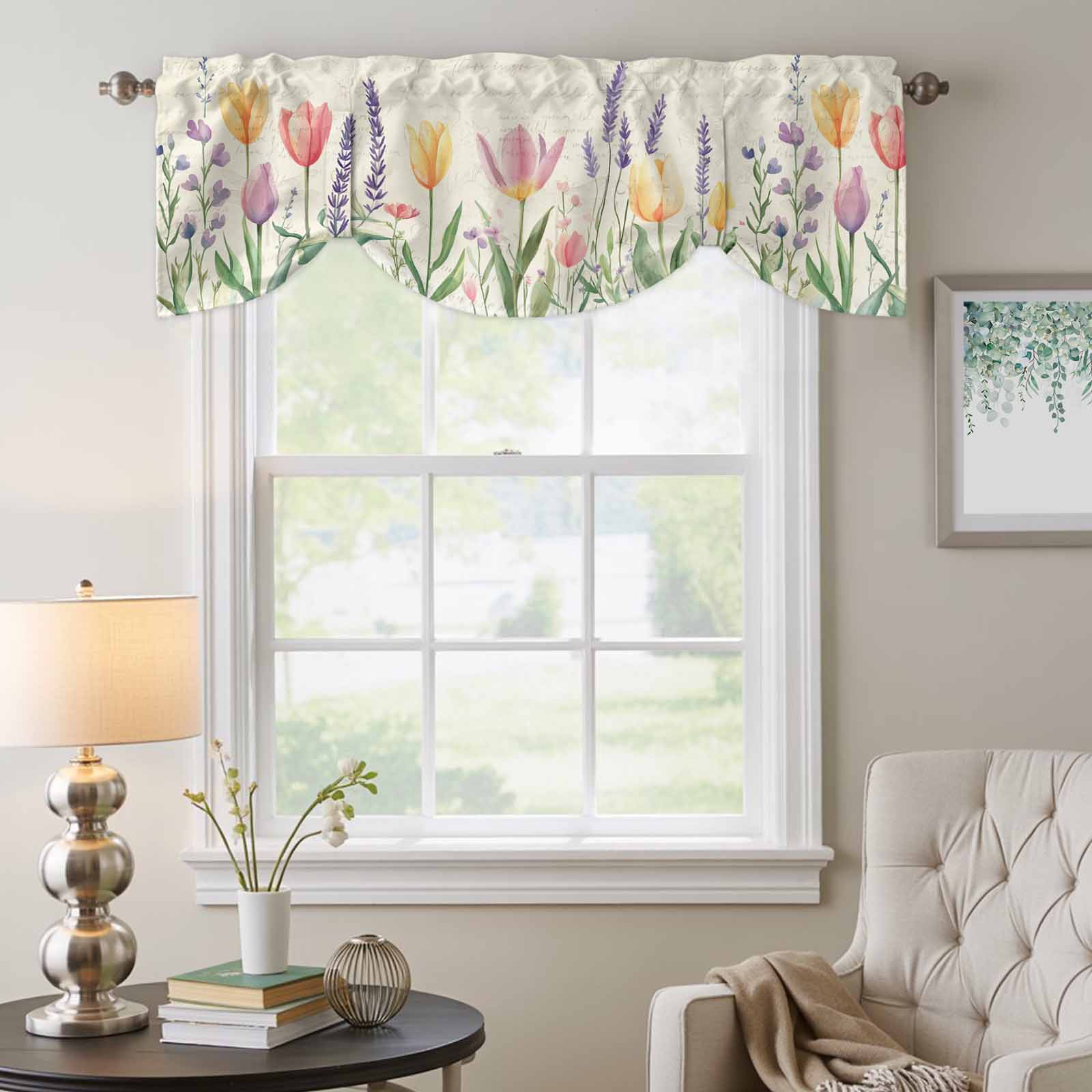 Spring Tulip Tie Up Valances Curtain, Colored Flower Plant Linen Texture Adjustable Rod Pocket Short Window Treatment Tie Up Curtains Valances for Kitchen Living Room Bathroom 54x18 Inches