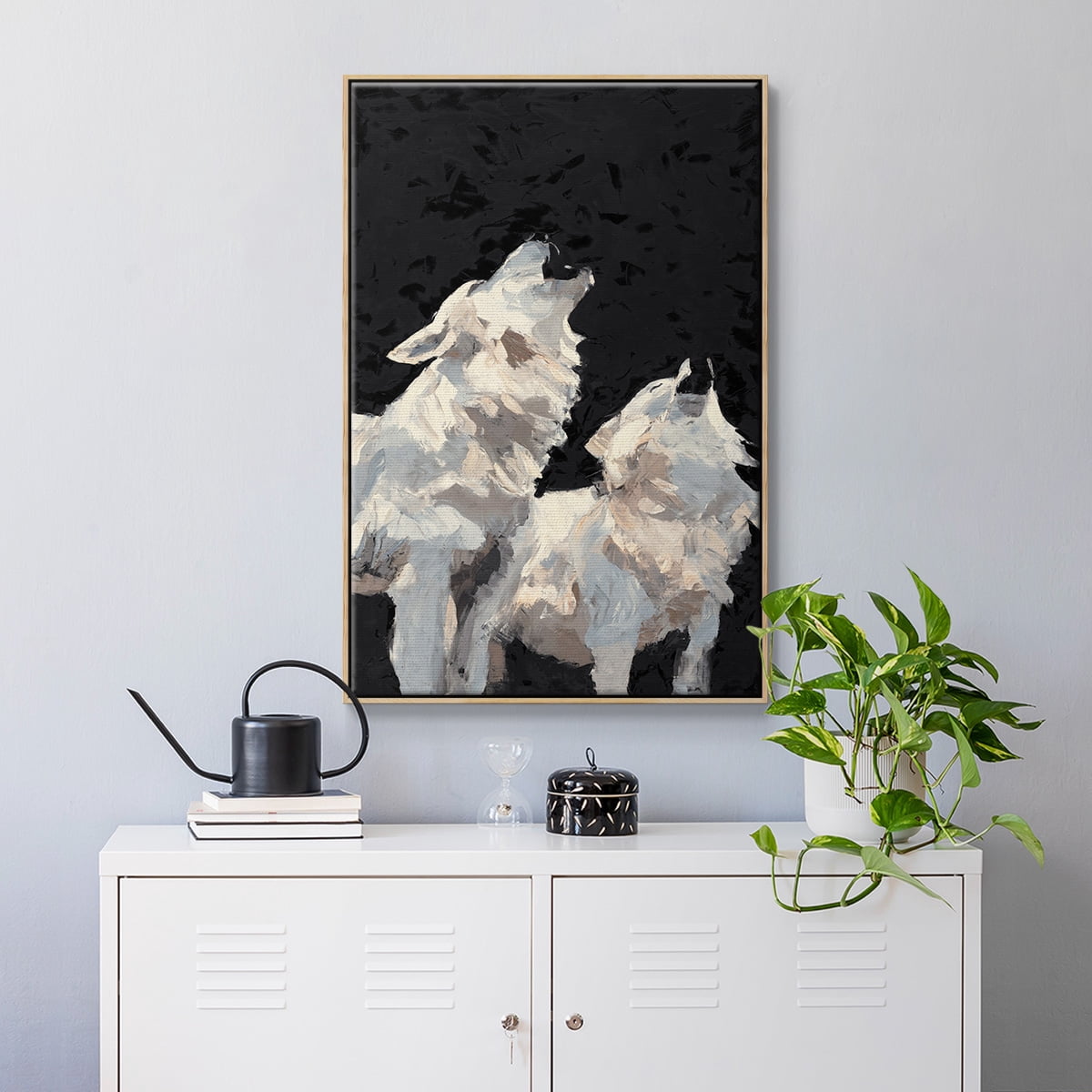 Midnight Wolves Framed Premium Gallery Wrapped Canvas - Ready to Hang - 17 x 25 - Natural Wood Floating Frame