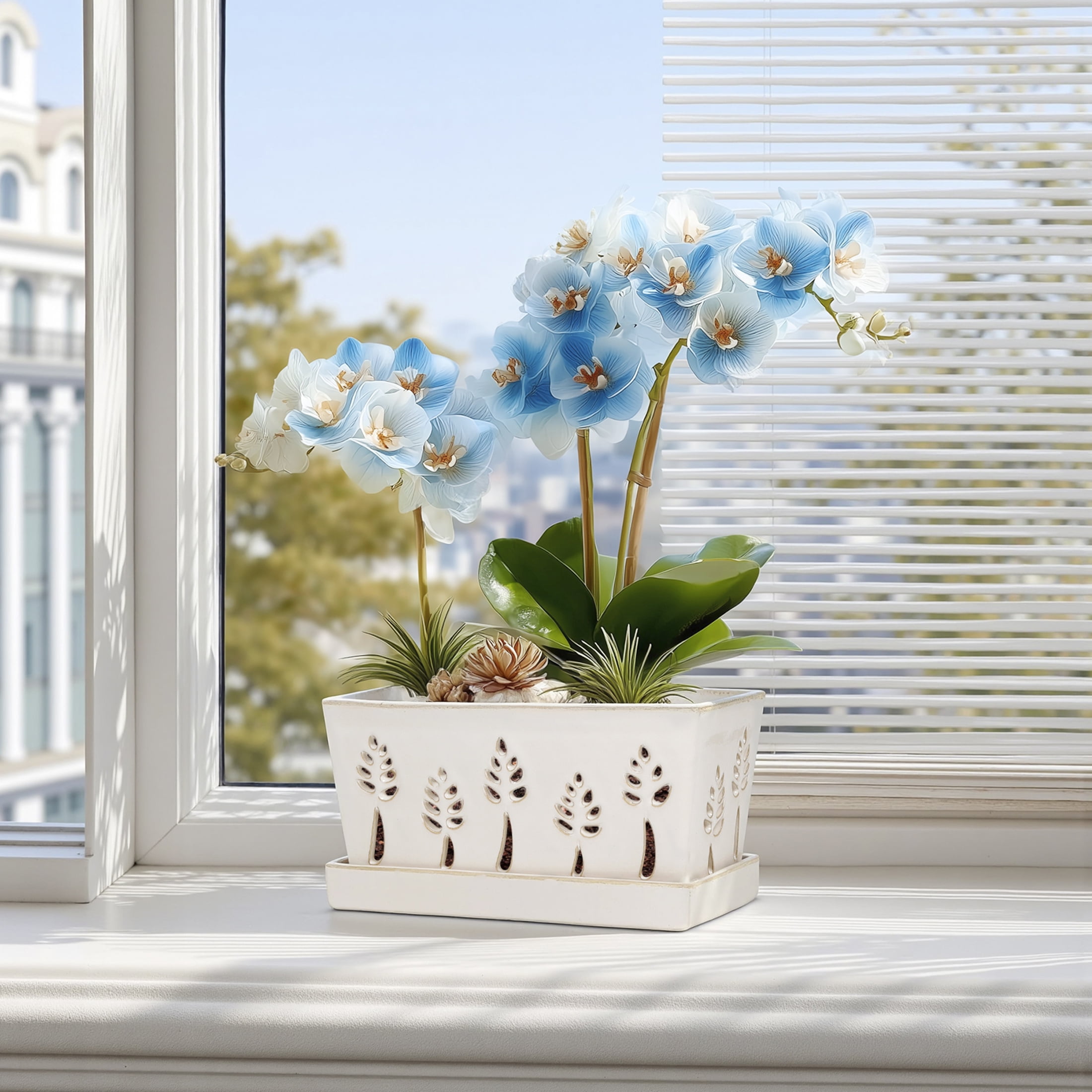 Ceramic orchid pot with holes,10×5 inch, premium thickened Handmade Glazed Pot with drainage and tray, accommodates 2 orchids, for easy repotting