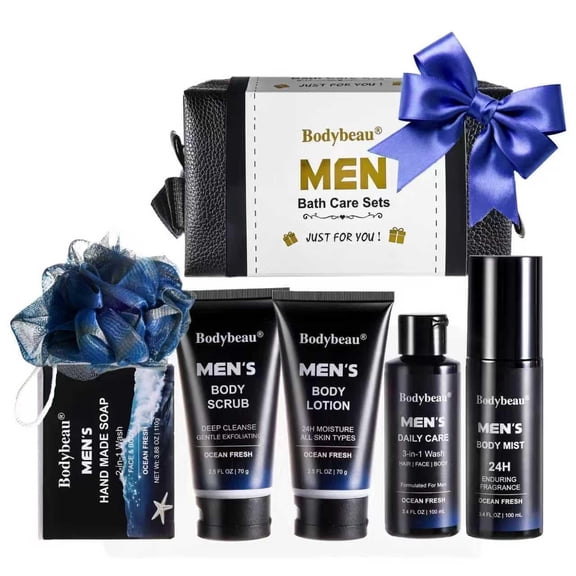 Men's Bath and Body Spa Gift Set - 7-Piece Kit with 3-in-1 Shower Gel, 2-in-1 Handmade Soap & Travel Bag - Father's Day/Birthday Gifts for Dad, Husband from Family