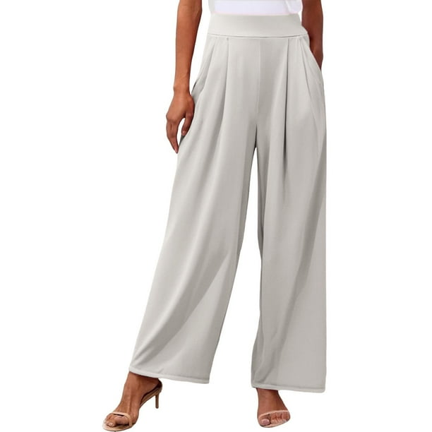 Pantalones palazzo anchos de color liso para mujer: cintura alta con cinturilla elástica, poliéster y spandex, pantalones largos informales con bolsillos laterales.