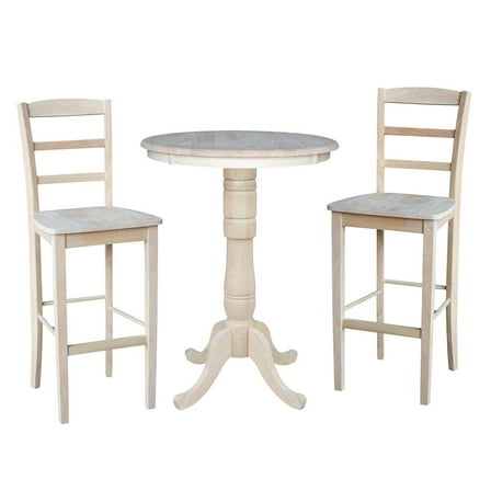 30" Round Pedestal Bar Height Table with 2 Madrid Stools - Unfinished - 3 Piece Set