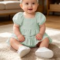 thumbnail image 6 of Fesfesfes Baby Toddler Girls Plaid Puff Sleeve Romper Dress with Bow Headband, Cute Summer Short Sleeve Onesie Bodysuit Outfit for Daily Wear Kids 0-18 Months Old., 6 of 9