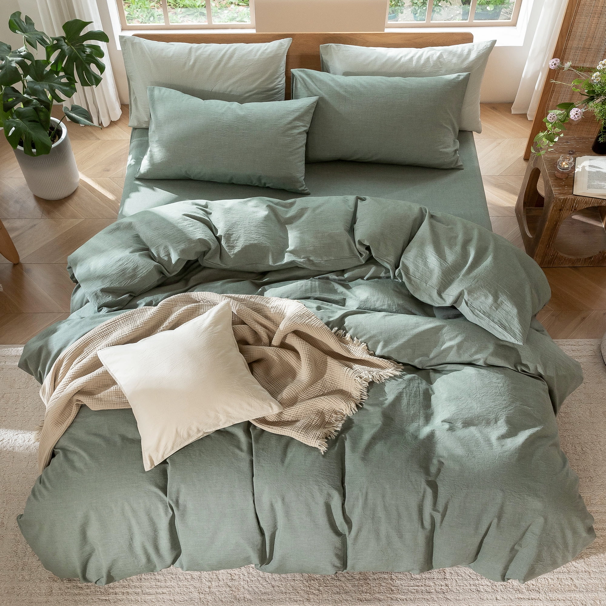 MooMee 100% Washed Cotton Duvet Cover Set King Linen Like Textured Breathable 3-Piece (Heathered Green, 104" x 90")