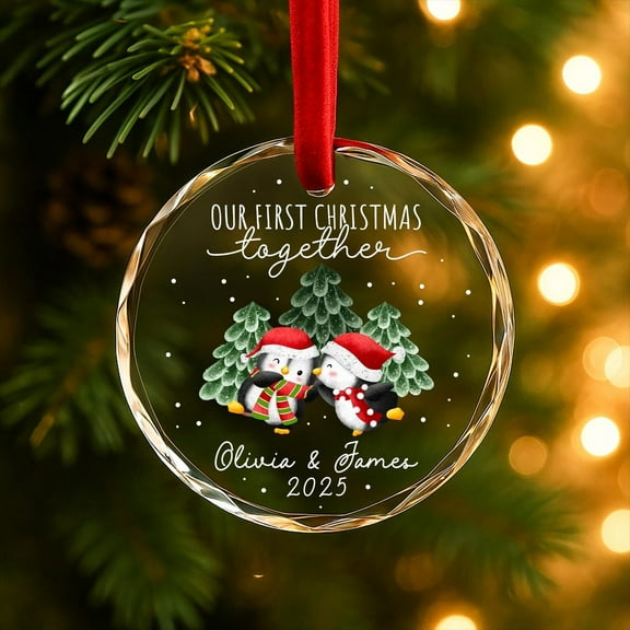 Personalized Our First Christmas Together Glass Ornament, Custom Couple Names & Year, Penguin Holiday Keepsake
