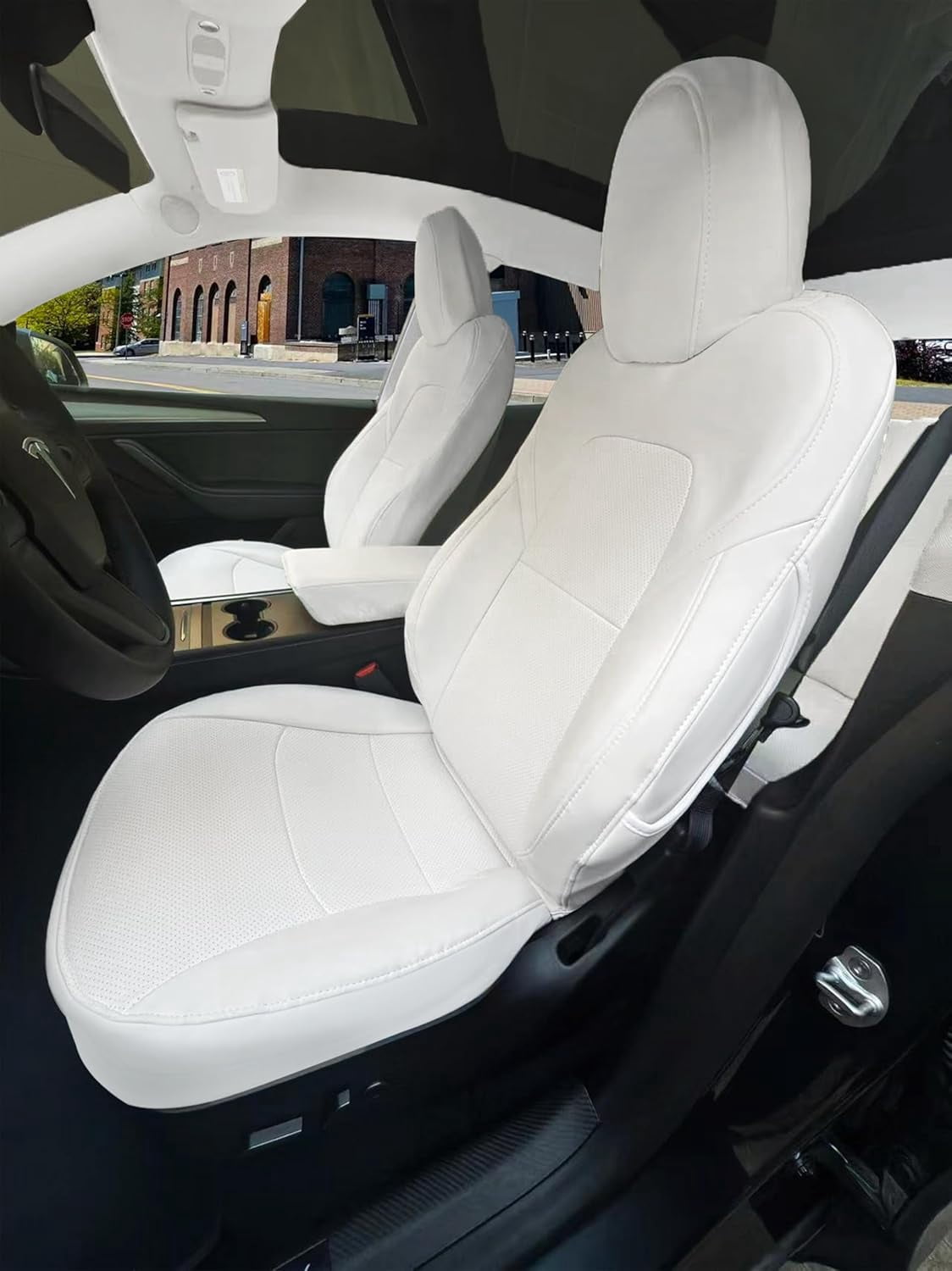 Motoptes Custom Fit Car Seat Covers for Tesla Model Y Juniper 2025 2026, Full Set Nappa Leather Seat Cover, (White)