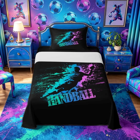 Castle Fairy Sport Handball Twin Sheets 3pcs, Gradient Graffiti Splash Bedding, Black Teal Pink,1 Fitted Sheet, 1 Flat Sheet and 1 Pillowcase