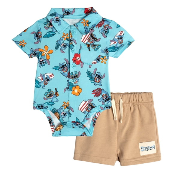 Disney Lilo & Stitch Baby Boy or Girl Short Sleeve Button-Down Bodysuit and Shorts Set Light Blue/Khaki Stitch