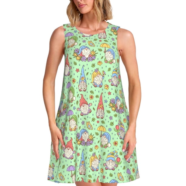 Disketp Spring Gnomes para Vestido sin Mangas para Mujeres, Vestidos de Verano para Mujeres, Casual y Holgado para la Playa