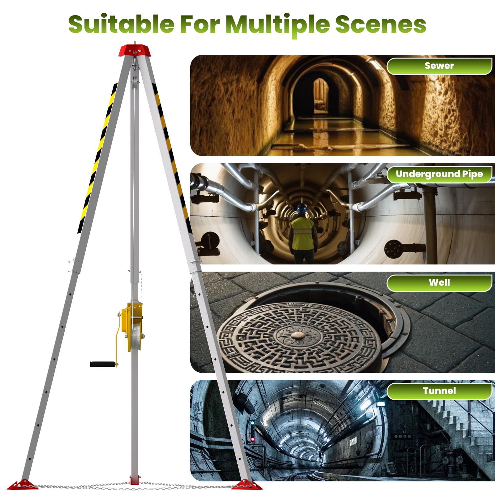 Confined Space Tripod, Confined Space Rescue Tripod, Confined Space Tripod Kit, 1800 lbs, Adjustment Protection Chain, Easy to Use and Full-body Security Harness for Manhole/Well Access