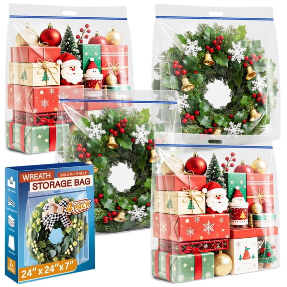 Extra Large Wreath Storage Bag – 24"x24"x7" Clear Plastic Bag with Handle, 4-Pack, Airtight Seal, Foldable Holiday Decoration Organizer for Christmas, Garland, Ornaments & Seasonal Décor