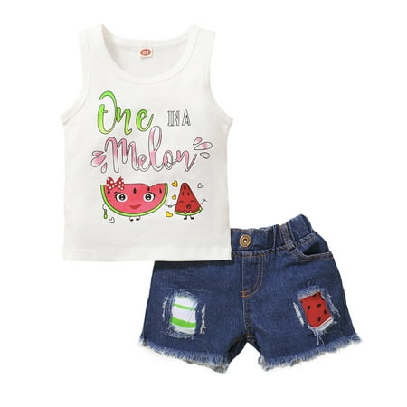 

KIMI BEAR Infant Girls Outfits 12 Months Infant Girl Spring Summer Outfits 18 Months Infant Girl Sweet Printing Sleeveless Tank + Ripped Denim Shorts2PCS Set White