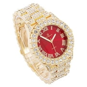 Charles Raymond blinged Out Mens Silver Big Rocks Hip Hop with Roman Numerals Fully Iced Out Colorful Dial Watch - ST10327 RN Single (Gold Blood Red)