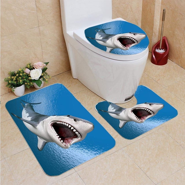 ABPHQTO Gran tiburon Juego de alfombras de baño de 3 piezas Alfombra de baño Alfombra de contorno y tapa de inodoro ABPHQTO Cont-CHAPPLE-18266