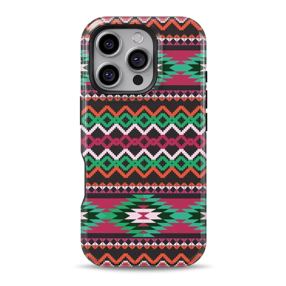 DesignSkinz Scratch-Resistant Hard Slim Case Compatible with iPhone 16 (Compatible with MagSafe) - Vector Green & Pink Aztec Pattern