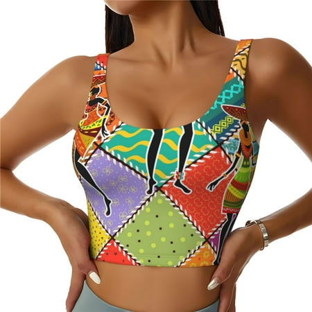 Jgfou Dancing African Womans Print Womens Sports Bra - Padded Workout Sports Bras Crop Tank Top