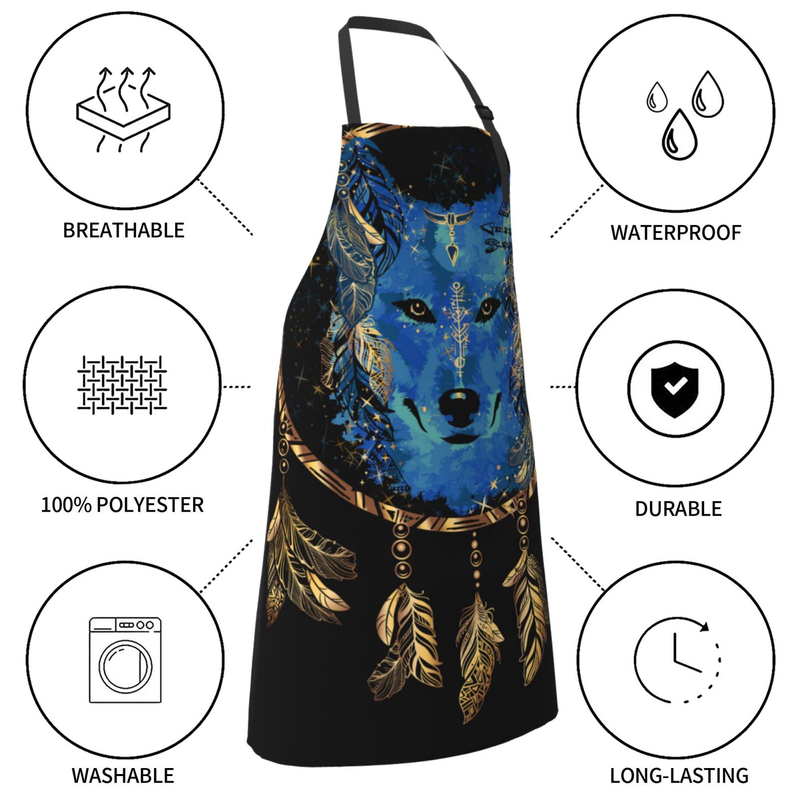 Kdxio Wolf Head And Dreamcatcher Apron with Pockets Adjustable Kitchen Aprons for Men Women Waterproof Aprons for Cooking,Drawing,Crafting, Baking Household Cleaning