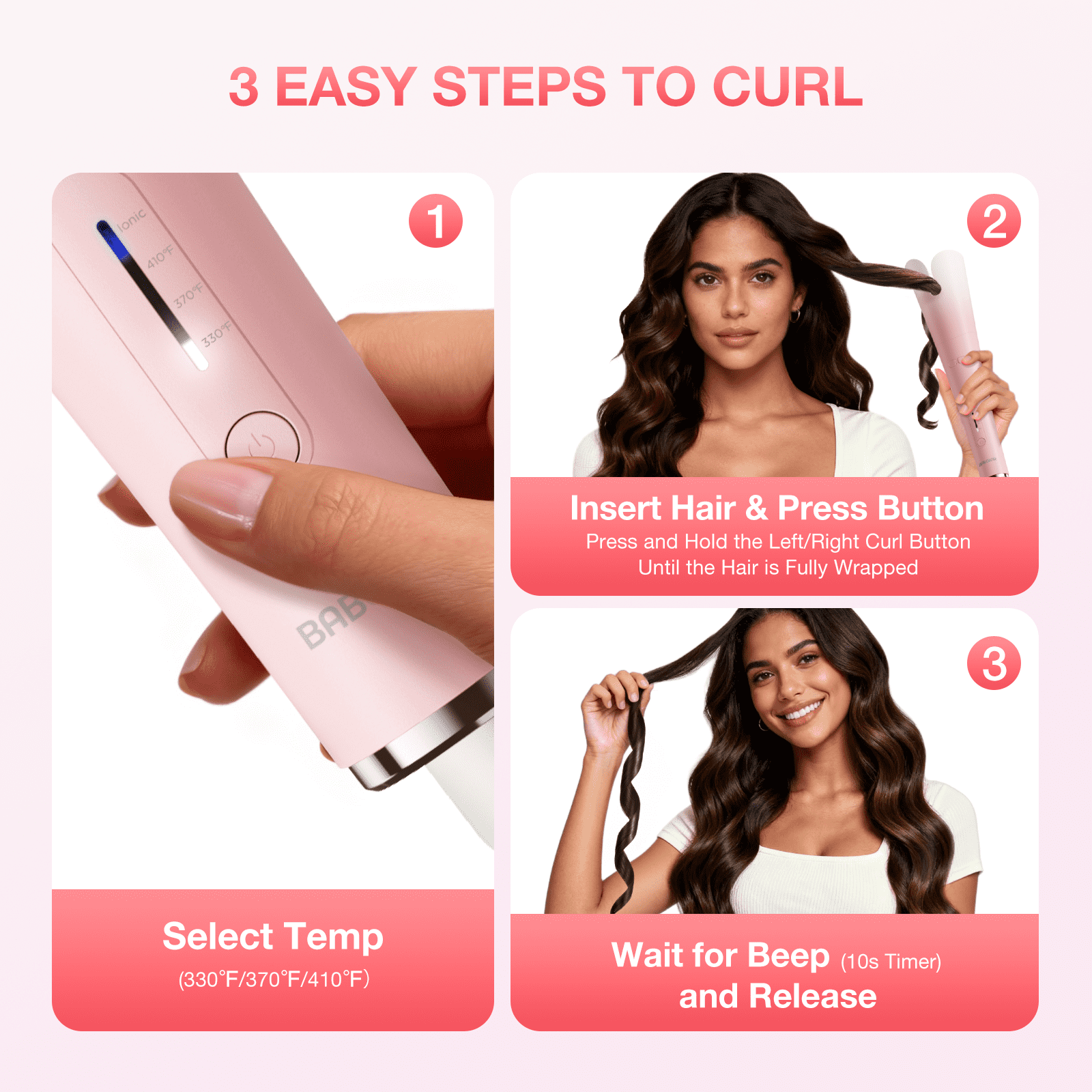 BABONIR 1.25'' Automatic Curling Iron for Beginners - 3 Temp, 2-Way Rotation, Anti-Scald, 500M Ionic, Dual Voltage, Champagne Pink