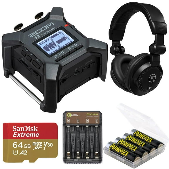 Zoom F3 2-Channel/2-Track Field Recorder, Bundle with 64GB Memory Card, TAPH100 Headphones, 4x AA NiMH Batteries, GX-CH-AA4 4-Bay Charger