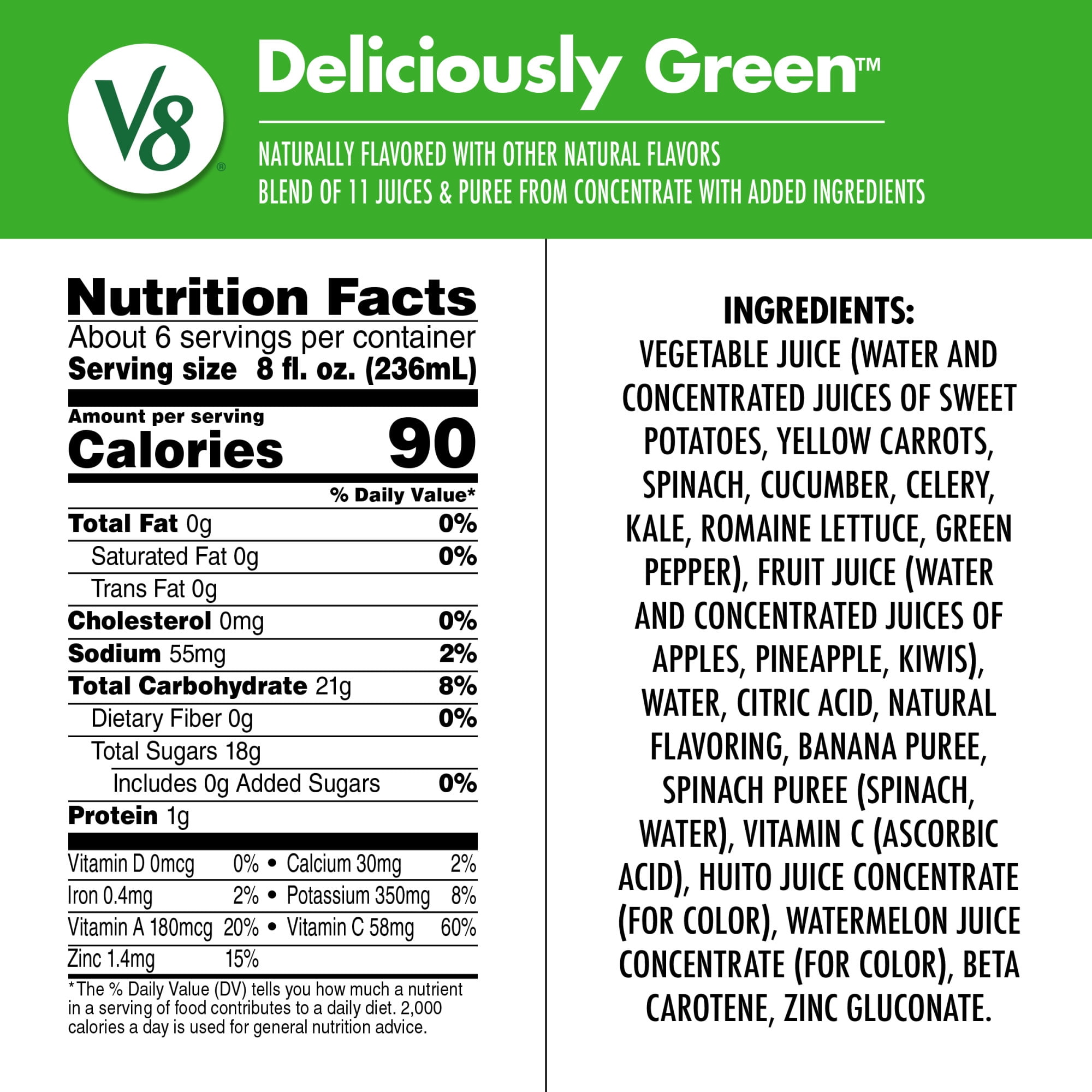 (6 pack) V8 Deliciously Green 100% Fruit and Vegetable Juice, 46 fl oz Bottle