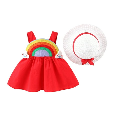 

EHTMSAK Infant Baby Toddler Children Girl Summer and Set Rainbow Sleeveless Outfits Clothing Set with Sun Hat Red 6M-3Y 90=7
