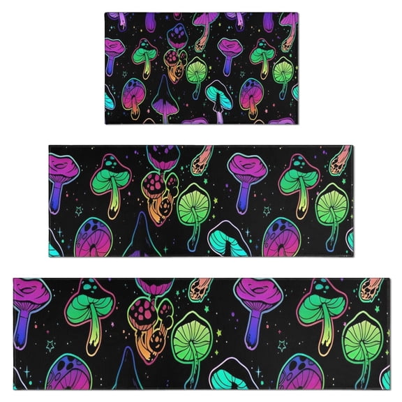Purple Mushroom Star Black Pattern Kitchen Rugs Sets Of 3,Kitchen Runner Rugs Non Skid Washable,Decorative Kitchen Floor Mats for Kitchen,Sink,Laundry,17"x30"  17"x47"   17"x59"