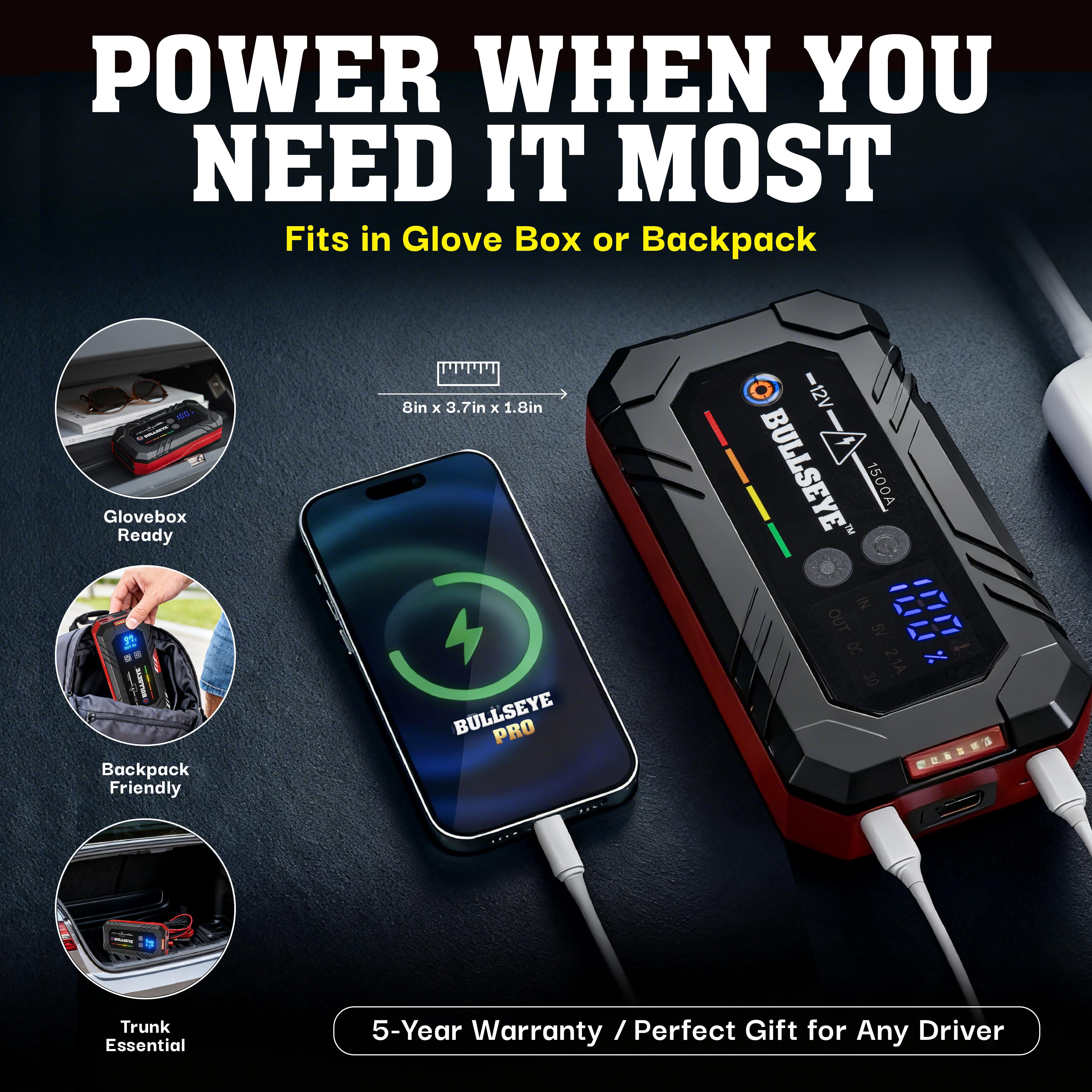 Bullseye Safety XL 1500A Car Battery Jump Starter Box w/ Jumper Cables, 12V Car Jump Starter Portable Booster for 6.0L Gas and 3.0L Diesel Engines, 2250 mAh Rechargeable, Reverse Polarity Protection