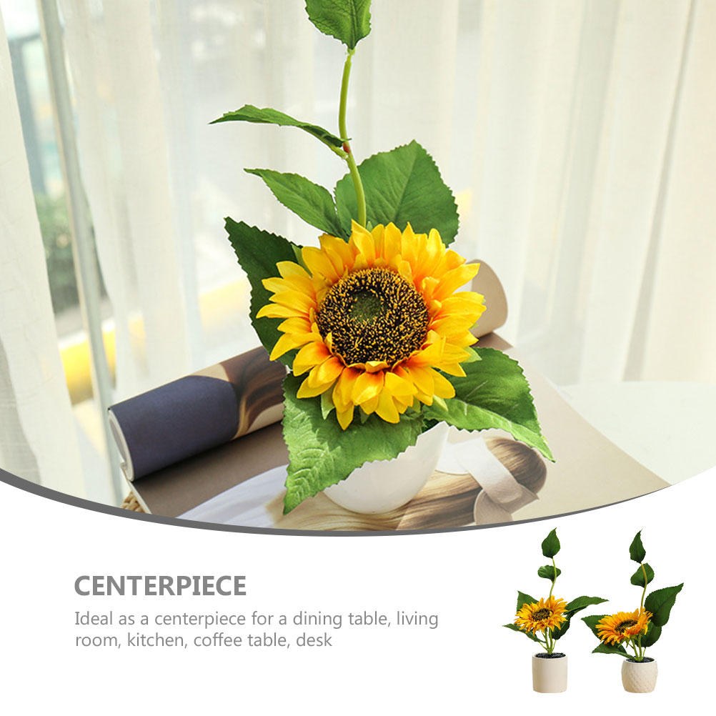 2 Pcs Potted Sunflower Fake Green Plant Decors Desktop Adornments Delicate Plant Faux Flowers Indoor Potted Plants