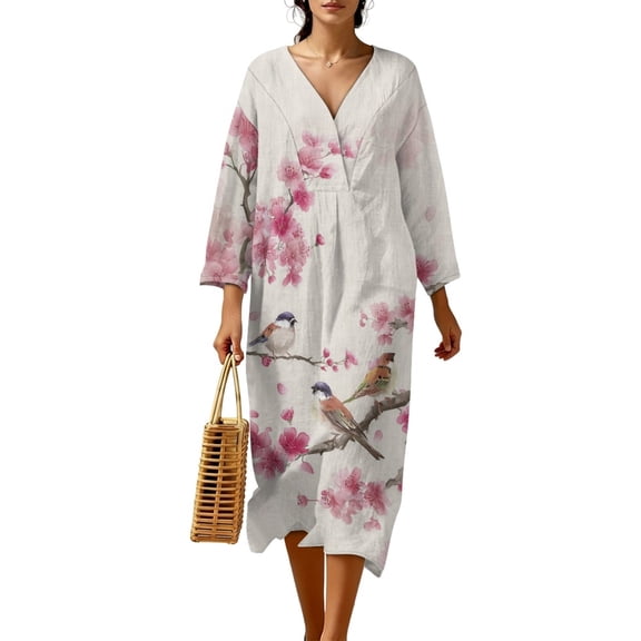DISNIMO Bird Flower Print Women Casual Maxi Dress Long V Neck Shift Dresses Loose 3/4 Sleeve Dresses for Women Fashion Linen Style Clothes, S