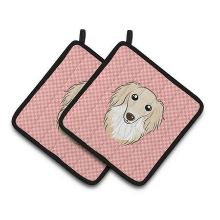 

Checkerboard Pink Longhair Creme Dachshund Pair of Pot Holders