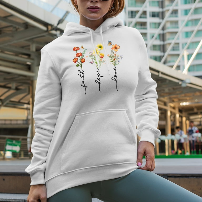 Faith Hope Love with Flowers Art Merch Gift White Hooded Sweatshirt or Hoodie Large Walmart