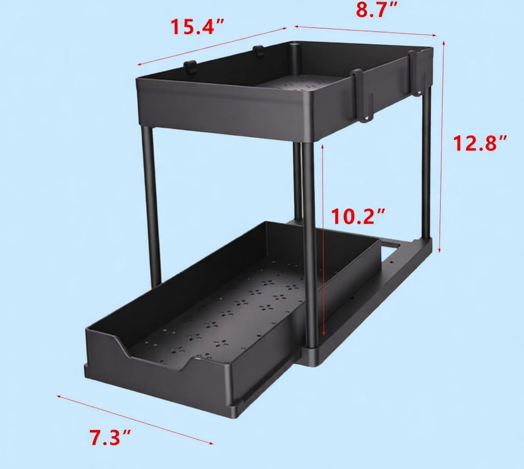 2-Tier Pull-Out Cabinet Organizer Sliding Storage Shelf - Under Sink or Kitchen Cabinet Organizer with Baskets and Hooks