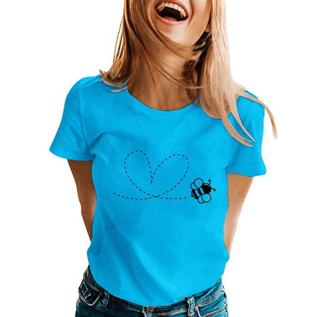 T-shirts Femmes Coupe Ample Dames Printemps Été Imprimé Manches Courtes Col Rond T-Shirt Haut T-Shirts Femmes Bleu TG