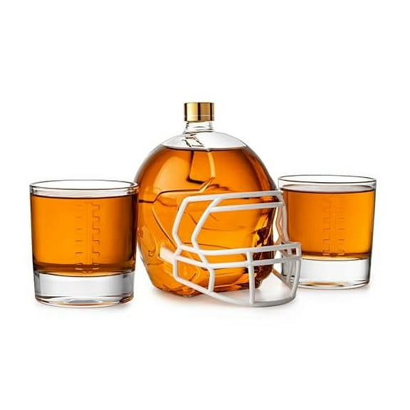Football Whiskey Decanter Set – 750ml Helmet Decanter with 2 Glasses – Gifts for Football Fans, Dad, Husband, Men – Premium Whiskey, Bourbon, Scotch Glassware – Unique Football Design