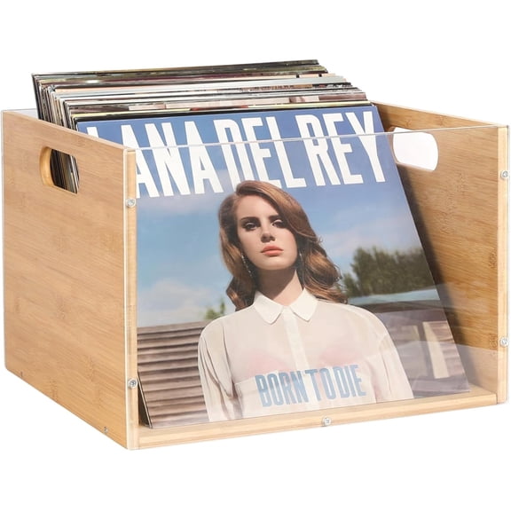 X-COSRACK Bamboo & Clear Acrylic Vinyl Record Storage Box, Portable LP Album Display Crate Holds 65 Records, Heavy Duty Organizer for Letter Size Hanging Files, Wood/Clear