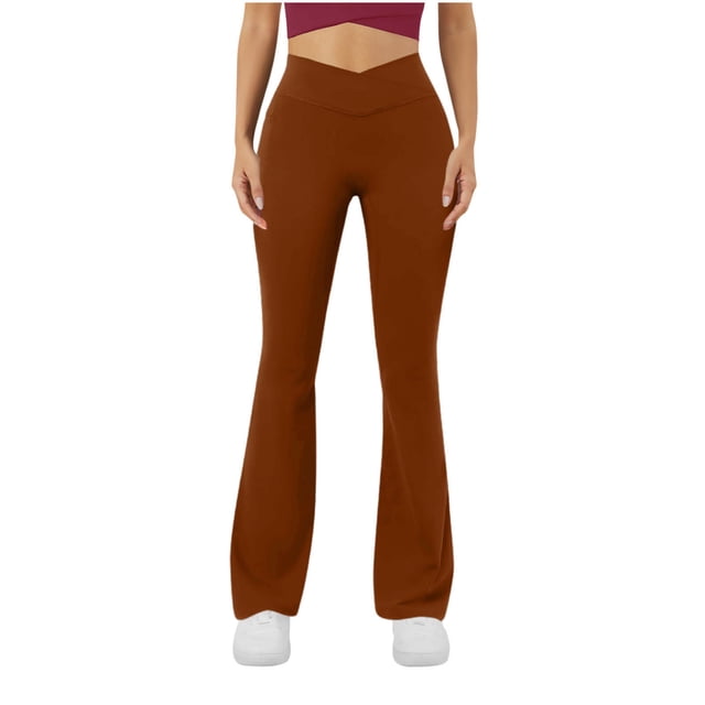 Amzcrzy Pantalones Yoga Mujer Color Liso - Cintura Elástica, Control Abdominal, Corte Acampanado, Leggings Elásticos Cómodos, Bolsillos S-2XL Marrón