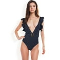 thumbnail image 2 of Swim Women's Ruffle Shoulder Deep V One-Piece Swimsuit with Belted Waist - Medium, Black, 2 of 6