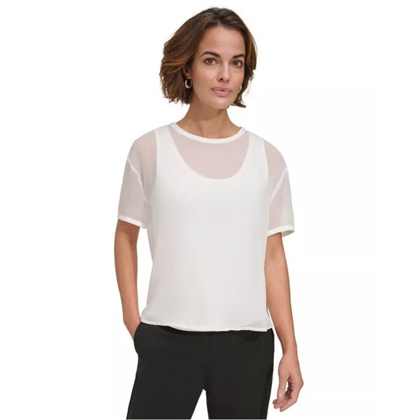 DKNY Womens Chiffon Basic T-Shirt, white, XL