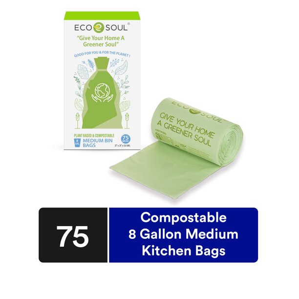 EcoSoul Compostable 8 Gallon Trash Bags, 75 Count