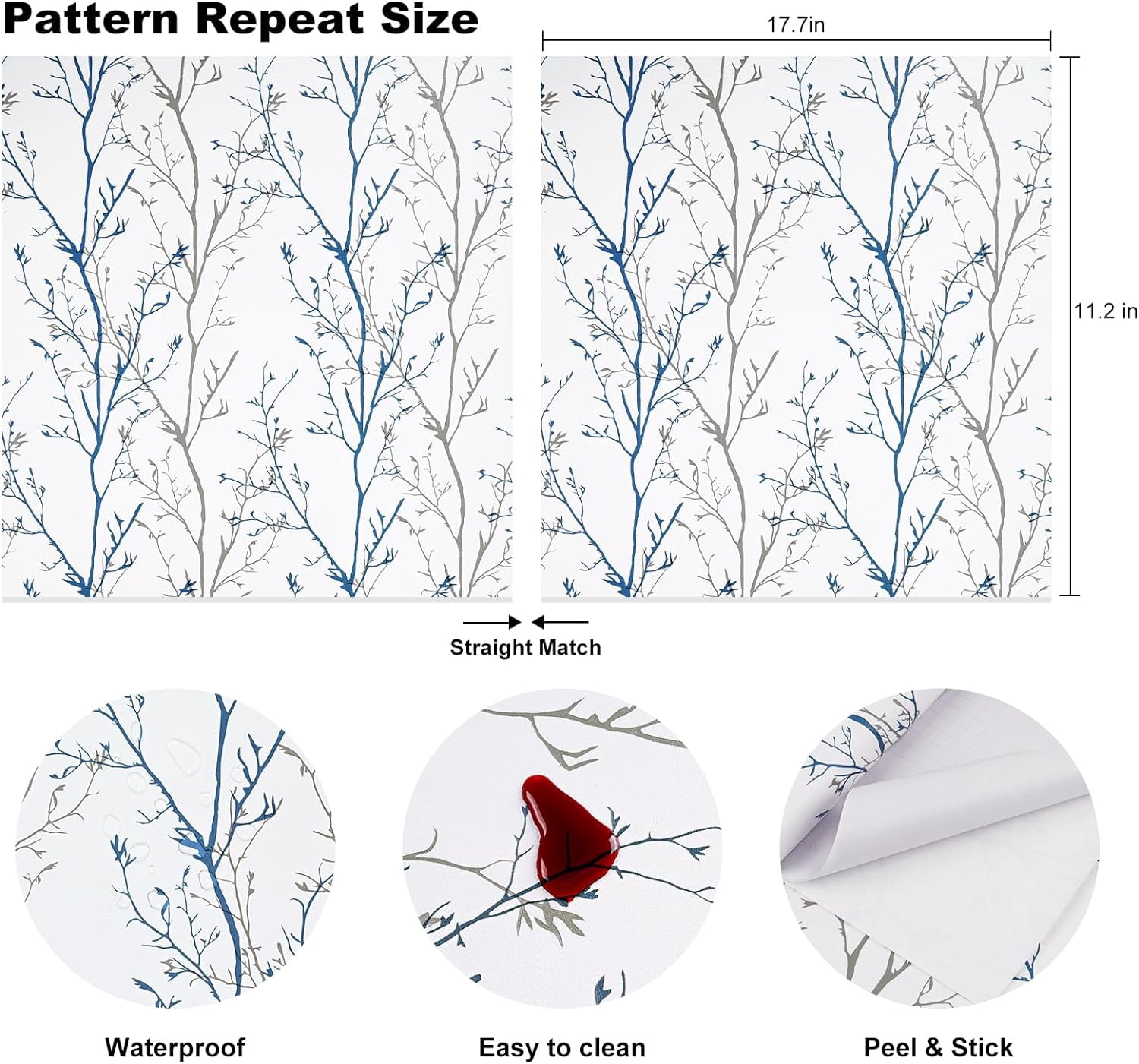 DAZLUTE Gray Blue, Branches Peel and Stick Wallpaper 17.71" x 1181"