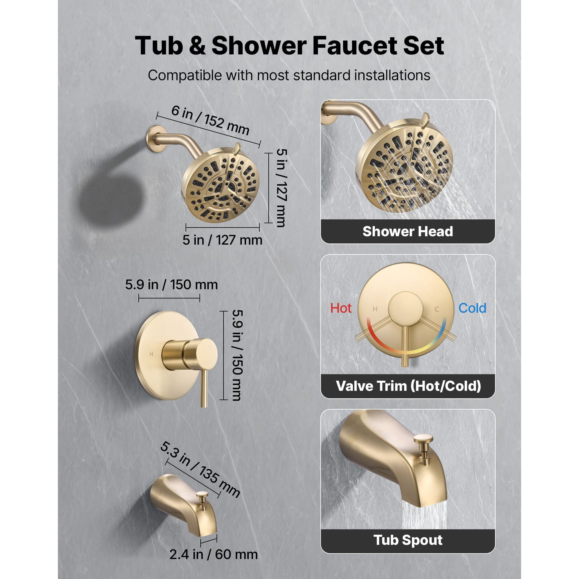 Tub and Shower Faucet Set 4-Piece Pressure Balancing Valve 8 Shower Modes Gold Finish for Bathroom