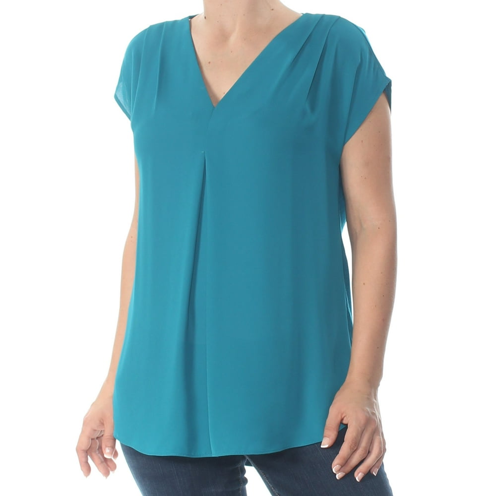INC - INC Womens Teal Inverted Pleat Short Sleeve V Neck Top Size: M ...